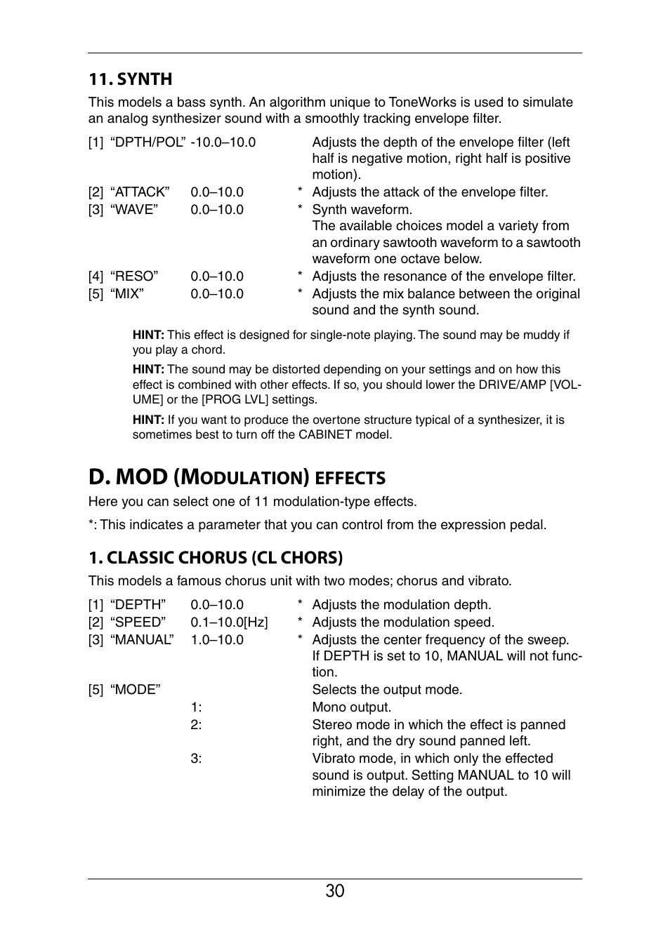 D. mod (modulation) effects, D. mod (m, Odulation | Effects, Synth, Classic chorus (cl chors) | KORG Ax3000b User Manual | Page 36 / 68