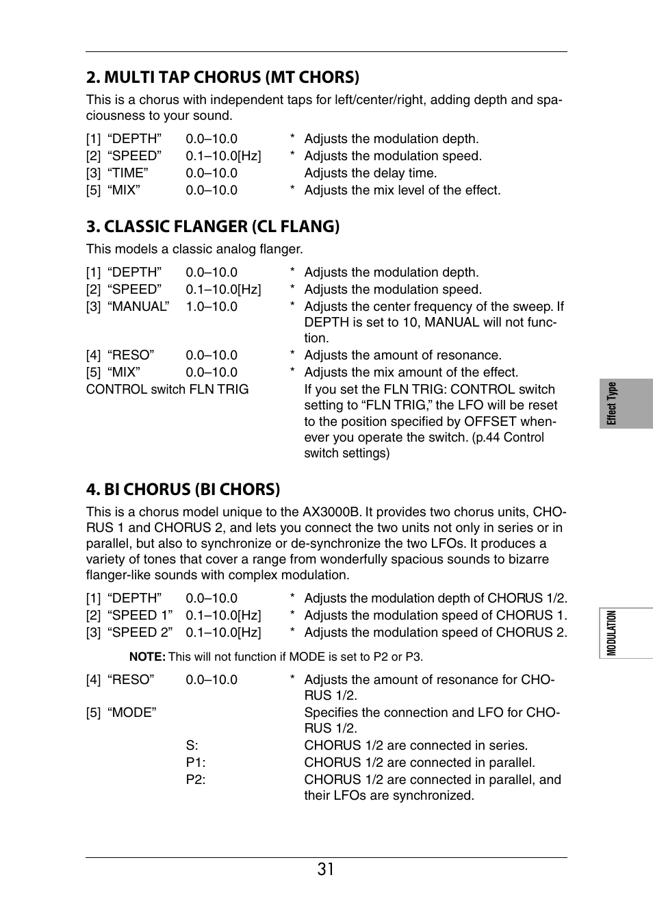 Multi tap chorus (mt chors), Classic flanger (cl flang), Bi chorus (bi chors) | KORG Ax3000b User Manual | Page 37 / 68