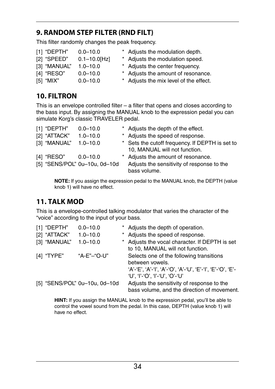 Random step filter (rnd filt), Filtron, Talk mod | KORG Ax3000b User Manual | Page 40 / 68