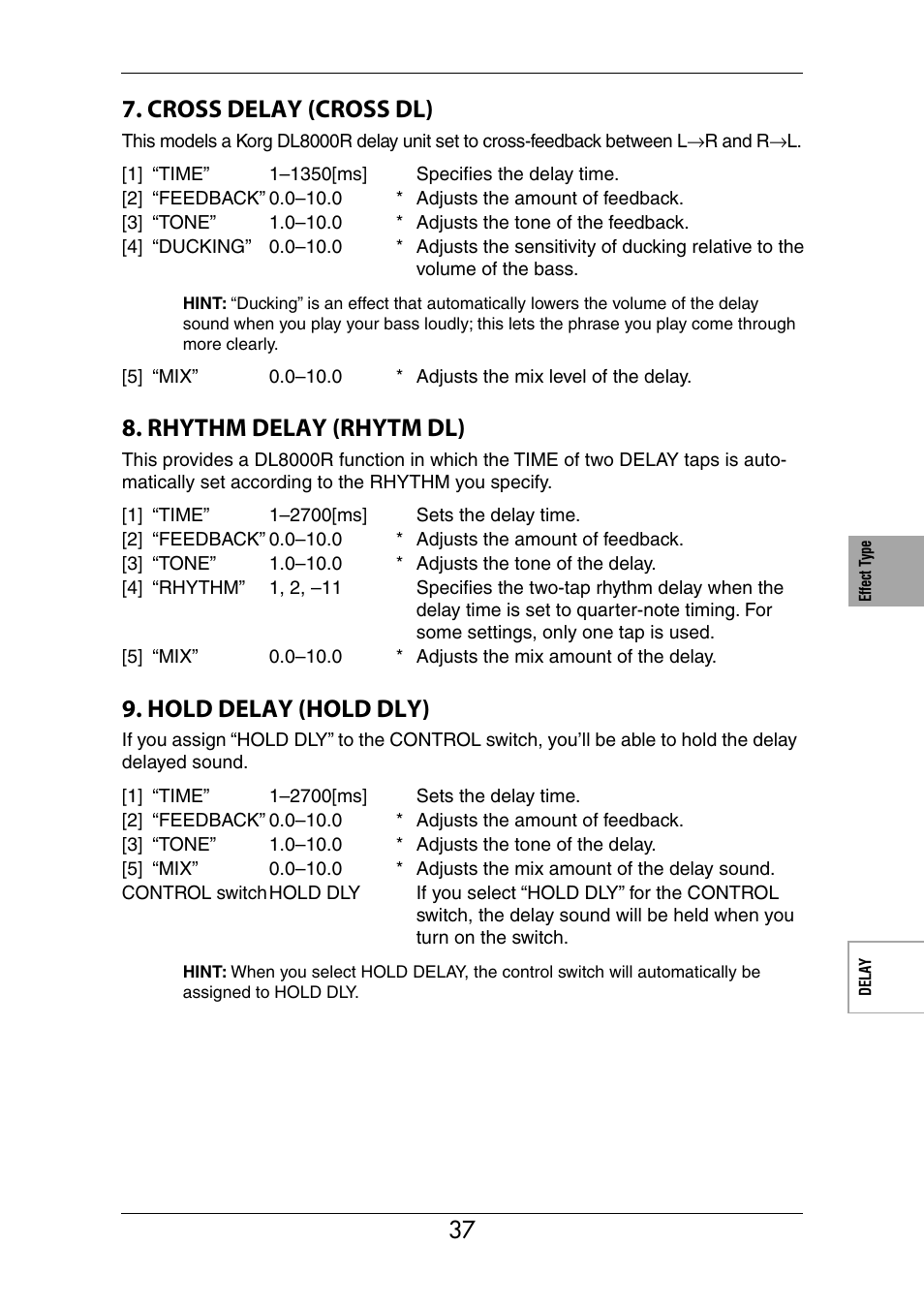 Cross delay (cross dl), Rhythm delay (rhytm dl), Hold delay (hold dly) | KORG Ax3000b User Manual | Page 43 / 68