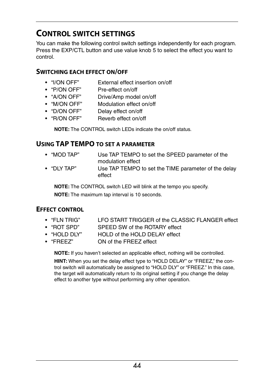 Control switch settings, Switching each effect on/off, Using tap tempo to set a parameter | Effect control, P.44 control switch set- tings), P.44 control switch settings), Ontrol, Switch, Settings, Tap tempo | KORG Ax3000b User Manual | Page 50 / 68