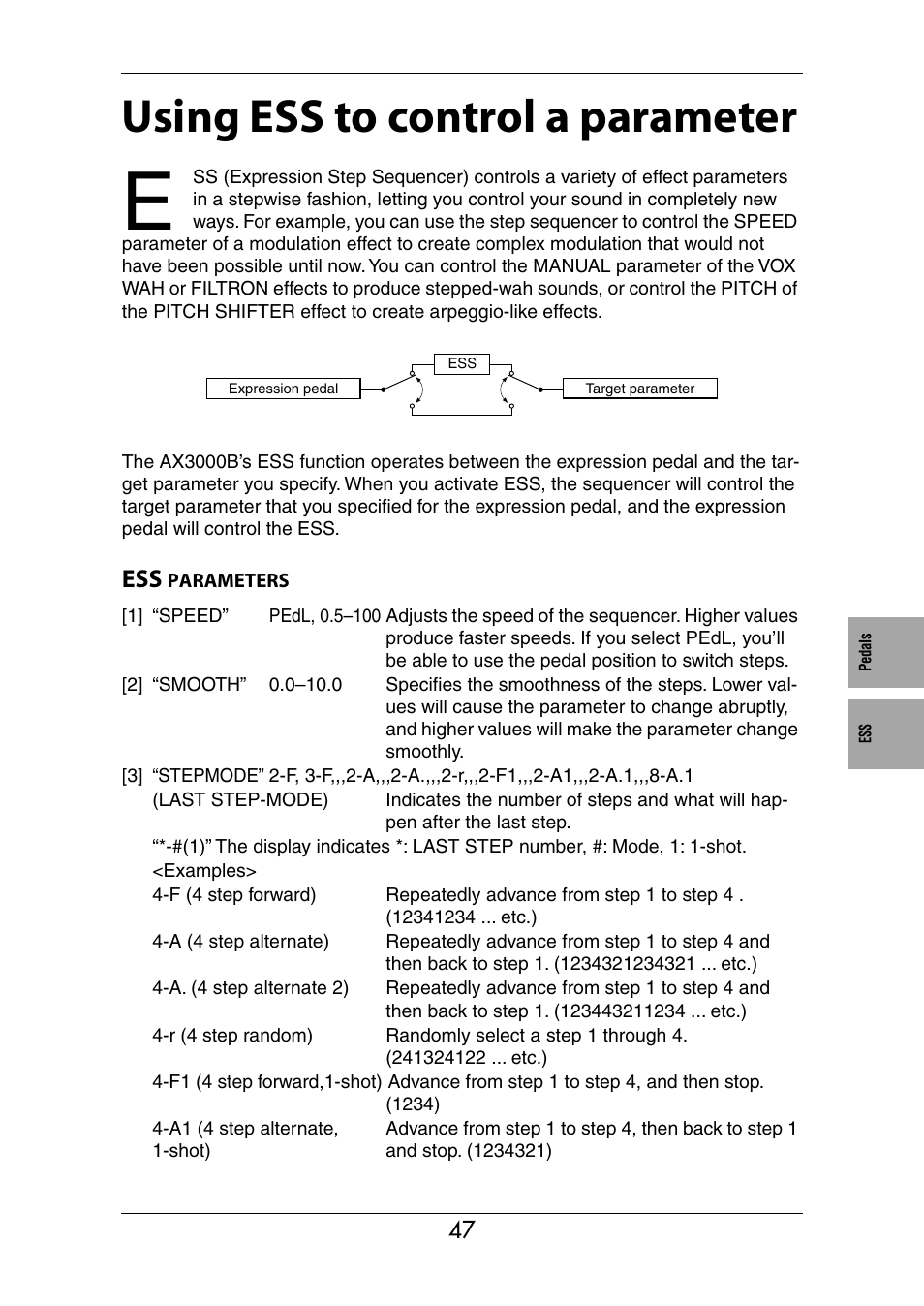 Using ess to control a parameter, Ess parameters | KORG Ax3000b User Manual | Page 53 / 68