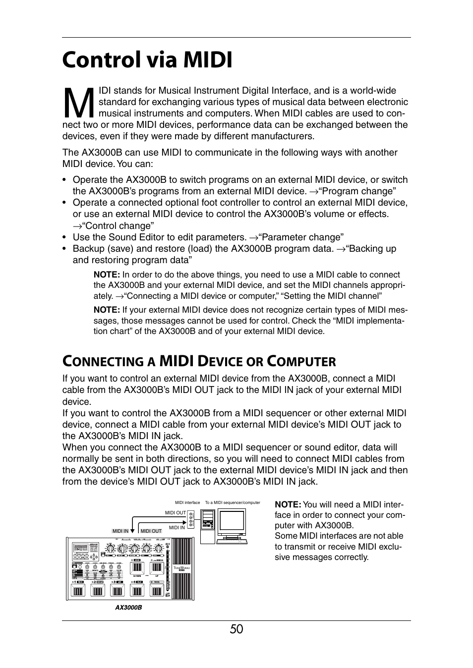 Control via midi, Connecting a midi device or computer, Midi d | Onnecting, Evice, Omputer | KORG Ax3000b User Manual | Page 56 / 68