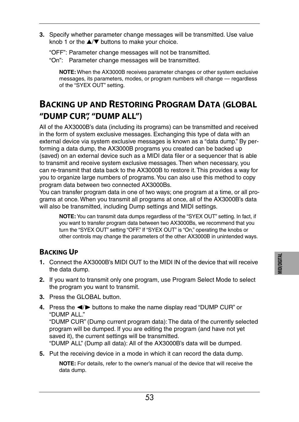 Backing up, P.53), Global “dump cur”, “dump all”) | Acking, Estoring, Rogram | KORG Ax3000b User Manual | Page 59 / 68
