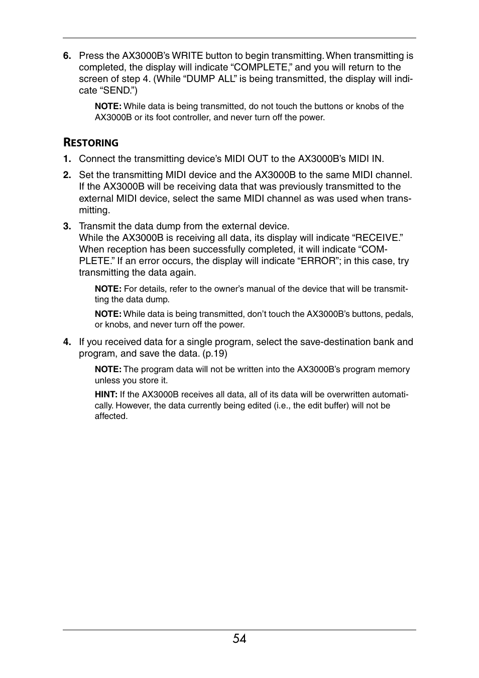 Restoring | KORG Ax3000b User Manual | Page 60 / 68