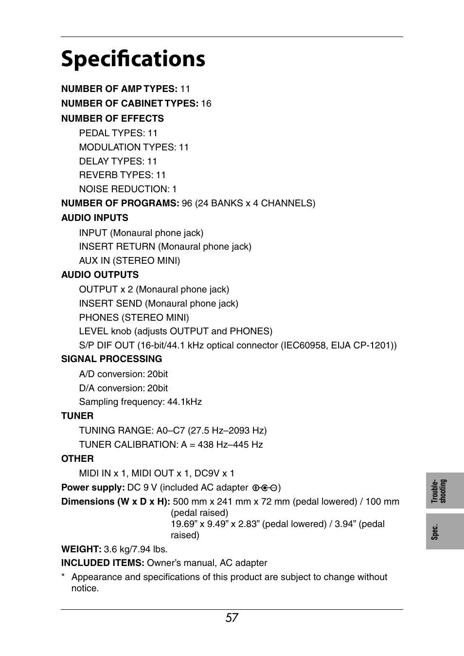 Specifications | KORG Ax3000b User Manual | Page 63 / 68