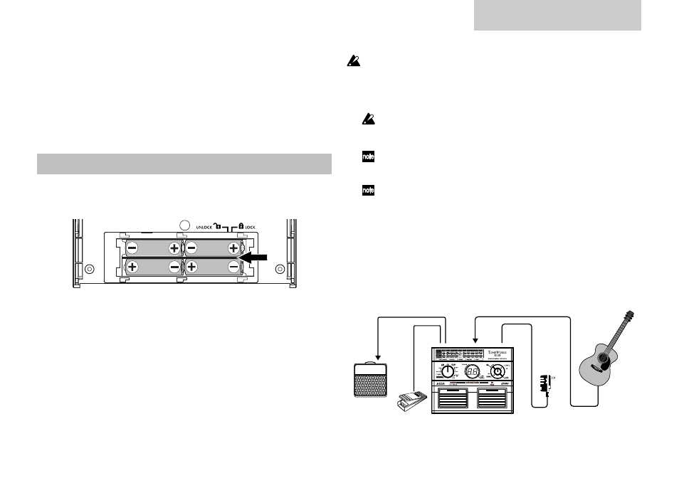 Configuration, Installation des piles, Raccordements | Exemple de branchement à un ampli guitare, Ax3a manuel d’utilisation | KORG TONEWORKS AX3A User Manual | Page 17 / 36