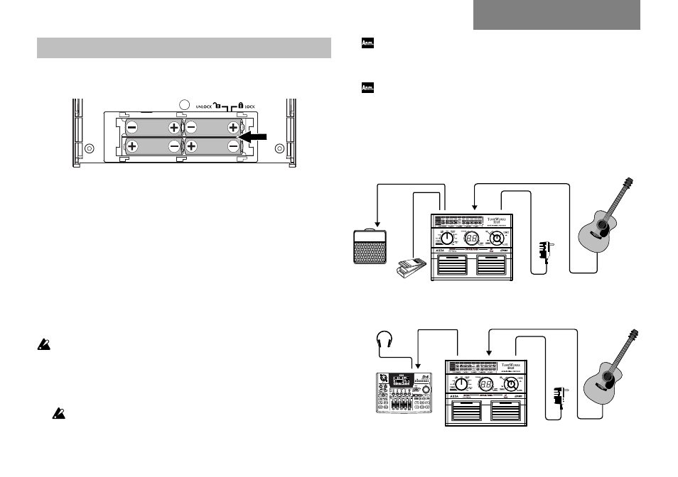 Vorbereitung, Einlegen der batterien, Grundlegende verbindungen | Anschlussbeispiel — gitarrenverstärker, Anschlussbeispiel — mischpult/recorder, Ax3a bedienungsanleitung | KORG TONEWORKS AX3A User Manual | Page 27 / 36
