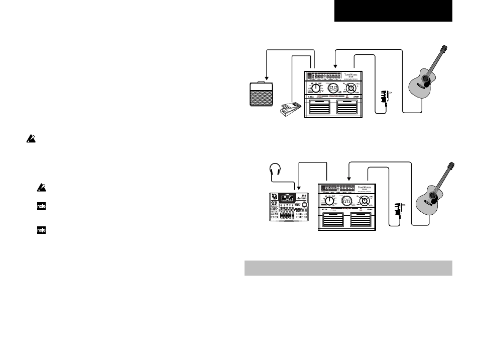 Basic connections, Example of a connection to a guitar amp, Example of a connection to a mixer or recorder | Program mode, Ax3a owner’s manual | KORG TONEWORKS AX3A User Manual | Page 7 / 36