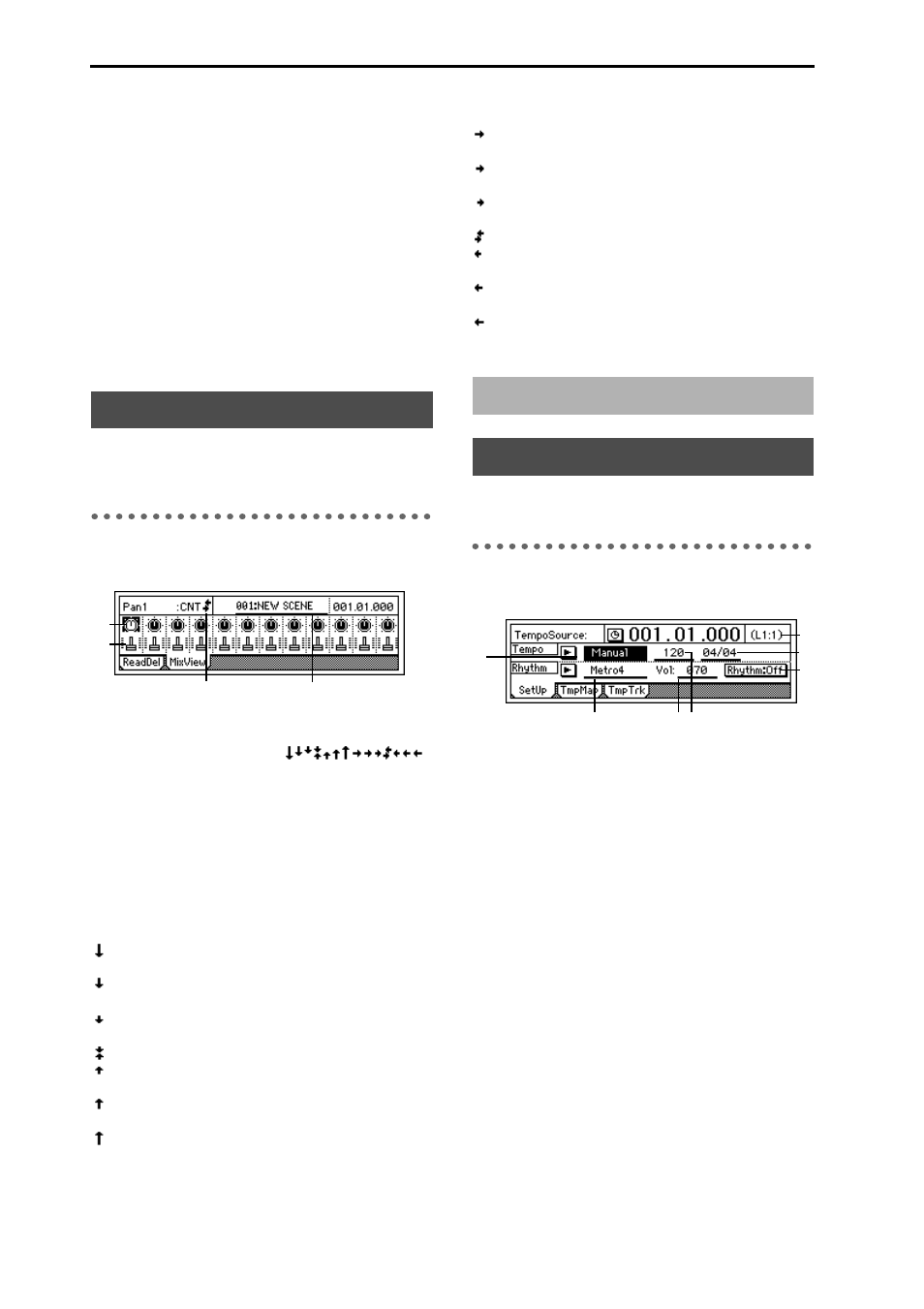 P.67, Tempo/rhythm p.68, P2 mixview: pan/fader scene display | P1 setup: tempo and rhythm settings | KORG DIGITAL RECORDING STUDIO D16 User Manual | Page 16 / 24