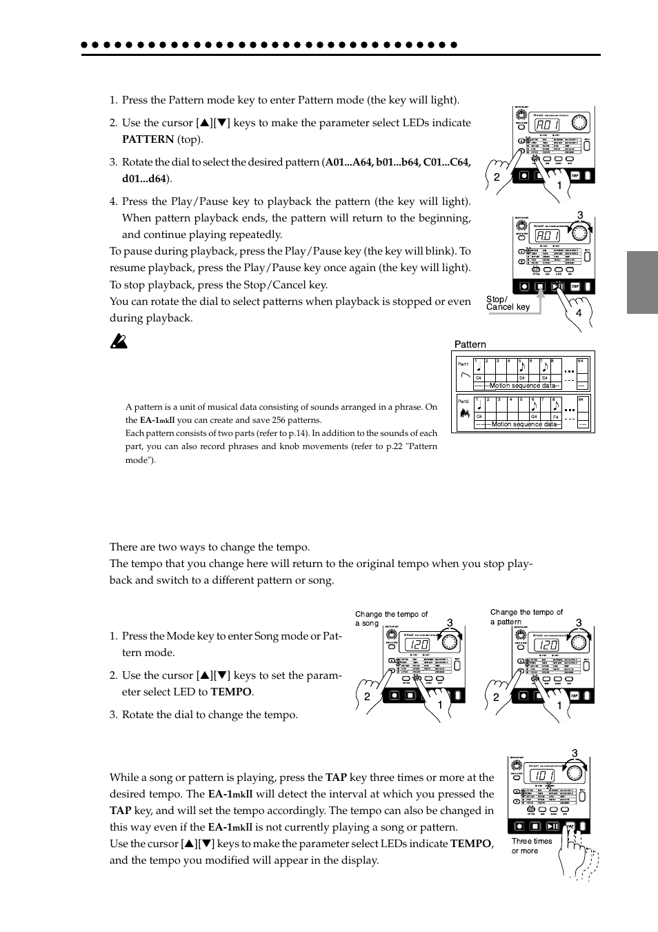 Listening to patterns, Trying out the functions, Changing the tempo of a song or pattern | Using the dial to change the tempo, Using the tap tempo key to change the tempo, Listening to patterns trying out the functions, Striking keys to play sounds (keyboard function) | KORG EA-1mkII User Manual | Page 13 / 52