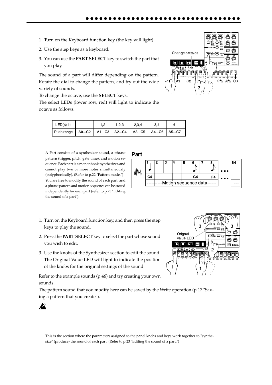 Striking keys to play sounds (keyboard function), Modifying (editing) the sound, Modify1ing (editing) the sound | 2=hj | KORG EA-1mkII User Manual | Page 14 / 52