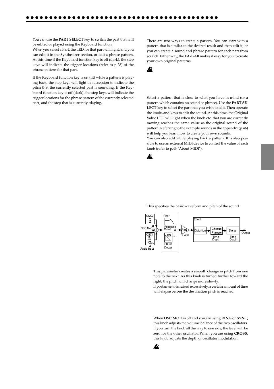 Selecting a pattern, Creating a pattern, Editing the sound of a part | Synthesizer parameters, Oscillator, Editing the sound of a part synthesizer parameters | KORG EA-1mkII User Manual | Page 23 / 52