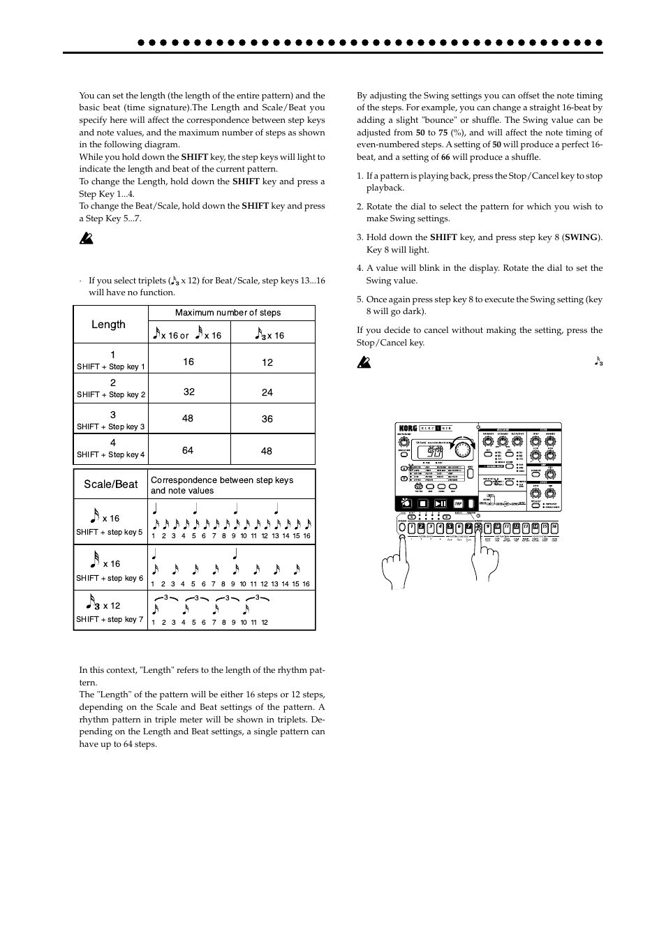 Length, scale/beat settings, Swing settings, Swing settings creating a phrase pattern | KORG EA-1mkII User Manual | Page 26 / 52