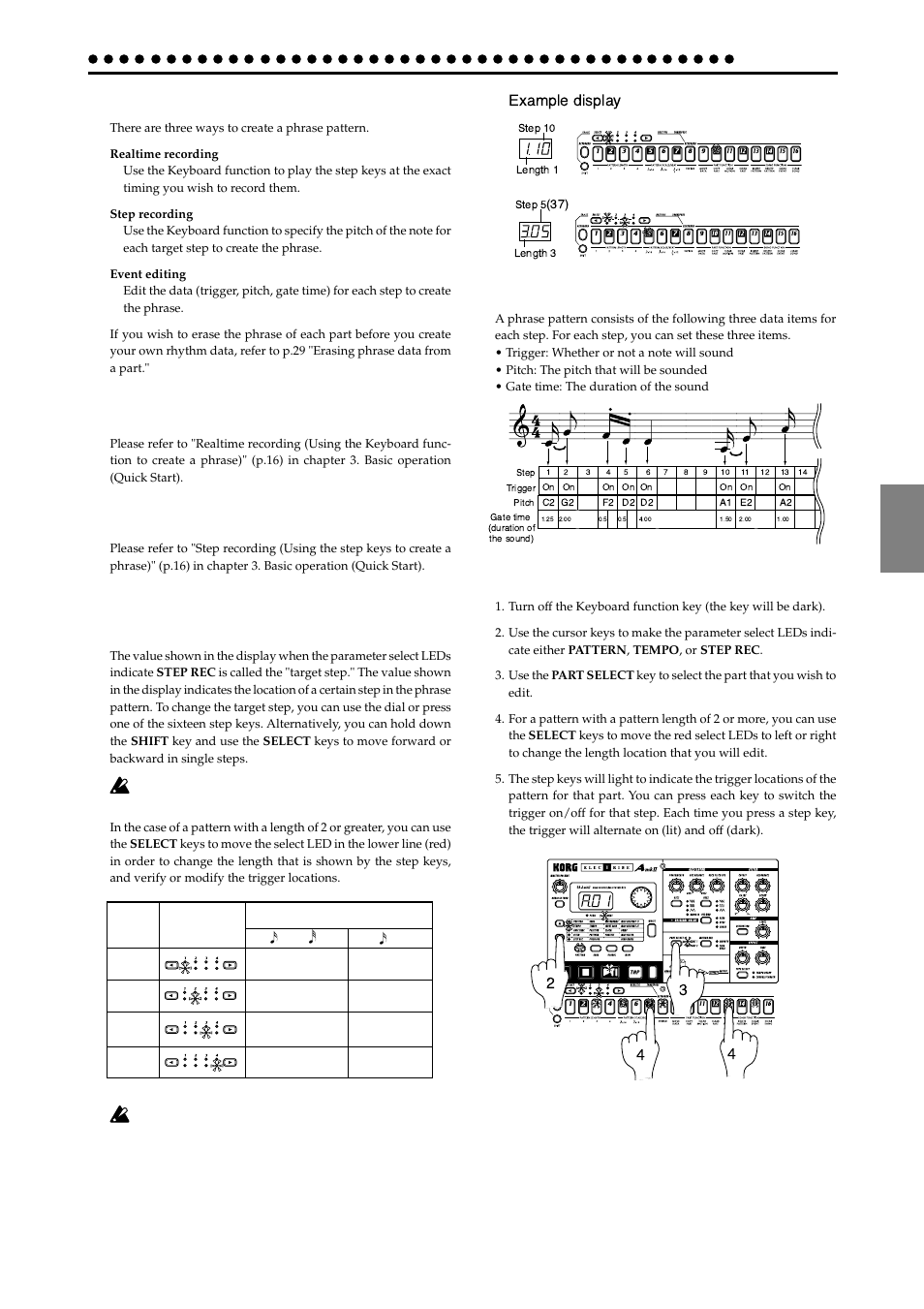 Creating a phrase pattern, Realtime recording, Step recording | Event editing, Realtime recording step recording event editing, P atter n mode 27, About the target step target step 1.01, Example display, Changing the trigger settings | KORG EA-1mkII User Manual | Page 27 / 52