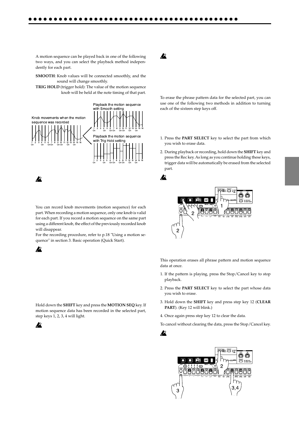 Motion sequence, Playing a motion sequence, Recording a motion sequence | Checking motion sequence data, Convenient functions for editing patterns, Erasing phrase pattern data from a part, Erasing data during playback or recording (erase), Erasing all data from a part (clear part), Transposing a phrase (transepose), P atter n mode 29 | KORG EA-1mkII User Manual | Page 29 / 52