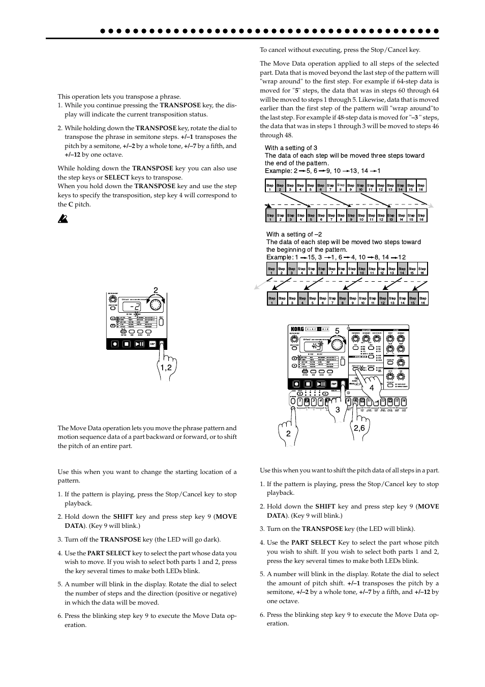 Transposing a phrase (transepose), Moving data within a part (move data), Transpose –24 | Move data –16, Pattern mode | KORG EA-1mkII User Manual | Page 30 / 52