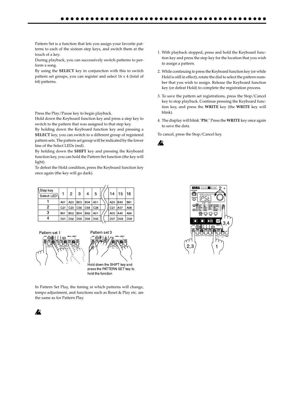 Pattern set, Using pattern set to perform (pattern set play), Registering a pattern for pattern set | KORG EA-1mkII User Manual | Page 32 / 52