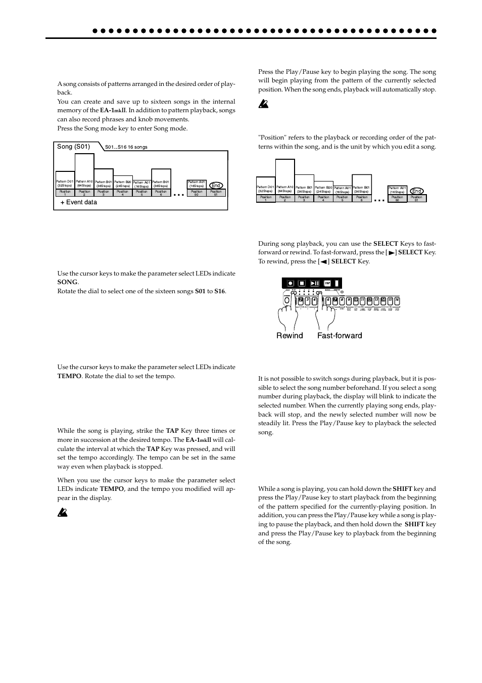 Song mode, Selecting a song, Setting the playback tempo | Using the dial to set the tempo, Using the tap tempo key to set the tempo, Playing a song (song play), Fast-forward or rewind a song, Switching songs, Selecting a song setting the playback tempo, Song s01...s16 | KORG EA-1mkII User Manual | Page 34 / 52