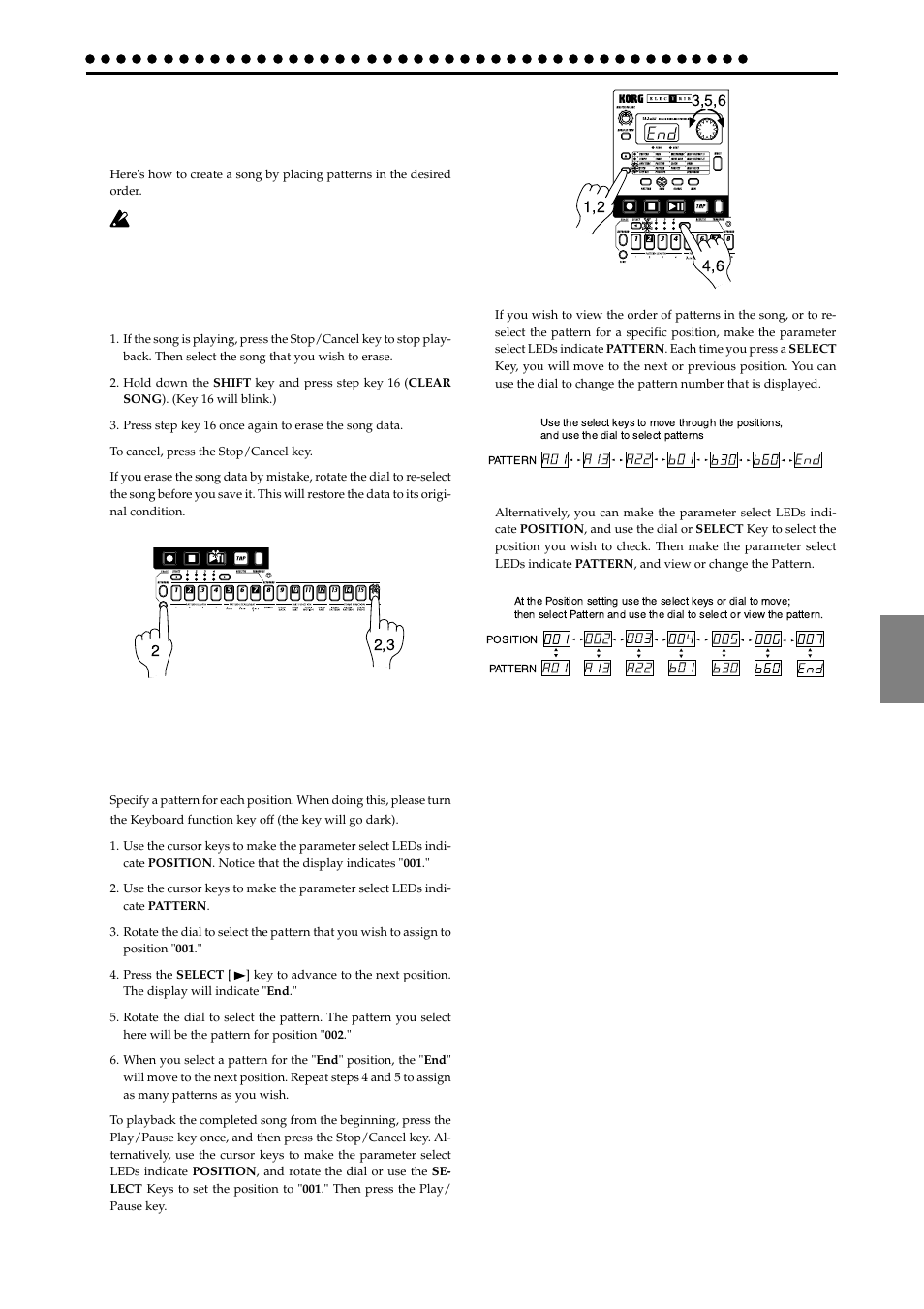 Creating a song, Creating a song from scratch, Erasing song data (clear song) | Specifying a pattern for each position | KORG EA-1mkII User Manual | Page 35 / 52
