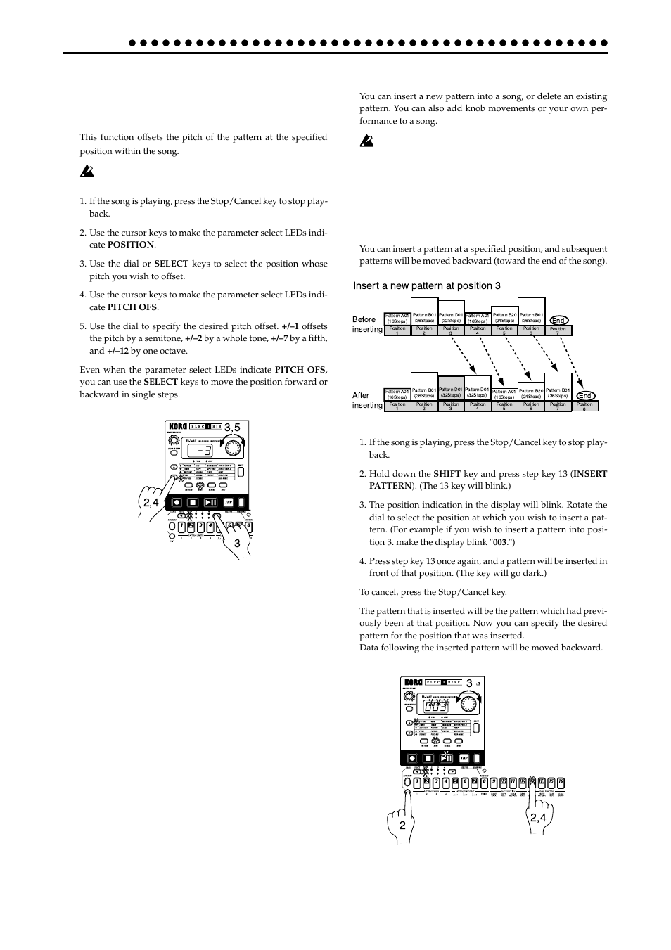 Specifying the pitch of each pattern, Editing a song, Pitch ofs (pitch offset) –24 | Song mode, Insert a new pattern at position 3 | KORG EA-1mkII User Manual | Page 36 / 52