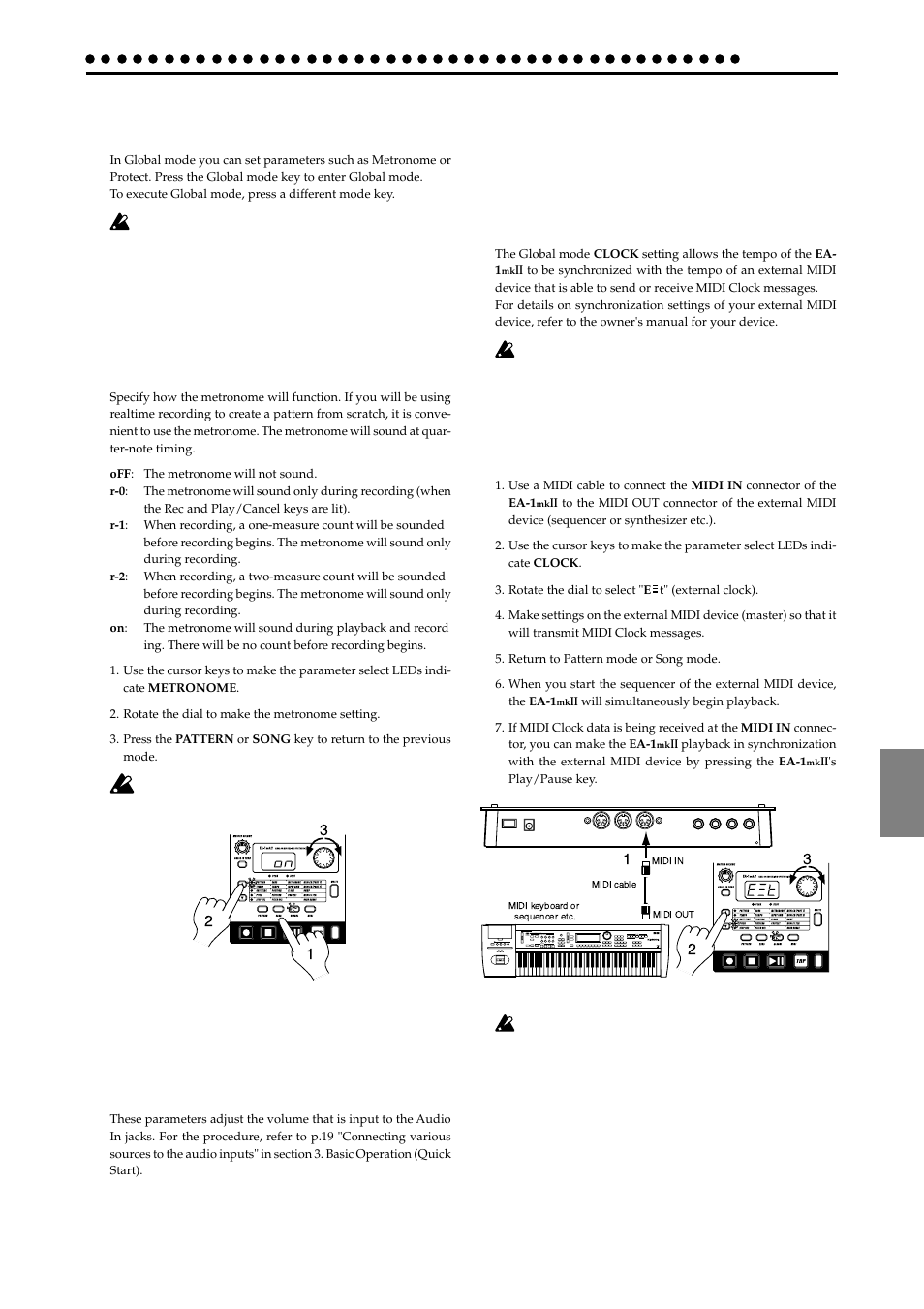 Global mode, Metronome settings, Adjusting the volume of the audio in | Ii with external midi devices (midi clock), Synchronizing the ea-1, Ii to a master external midi device (ext), Metronome off, r-0, r-1, r-2, on, Input gain 0, Clock int, ext | KORG EA-1mkII User Manual | Page 39 / 52