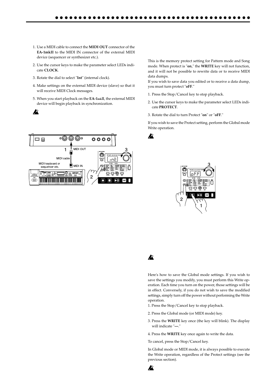 Protect settings (memory protect), Synchronizing an external midi device to the ea-1, Ii as master (int) | Protect on, off | KORG EA-1mkII User Manual | Page 40 / 52