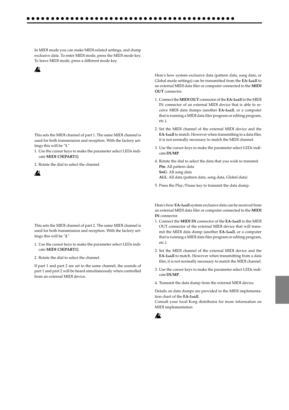 Midi mode, Setting the midi channel of part 1, Setting the midi channel of part 2 | Transmit/receive dump data (midi data dump), Midi ch[part1] 1, Midi ch[part2] 1, Dump ptn, sng, all transmission, Reception | KORG EA-1mkII User Manual | Page 41 / 52