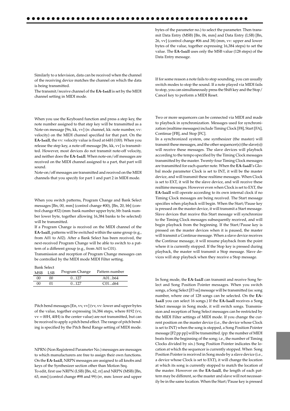 Appendices, About midi, Midi channels | Switching patterns, 4 applying pitch bend, Using nrpn messages to edit, About synchronization, Synchronization in song mode | KORG EA-1mkII User Manual | Page 43 / 52