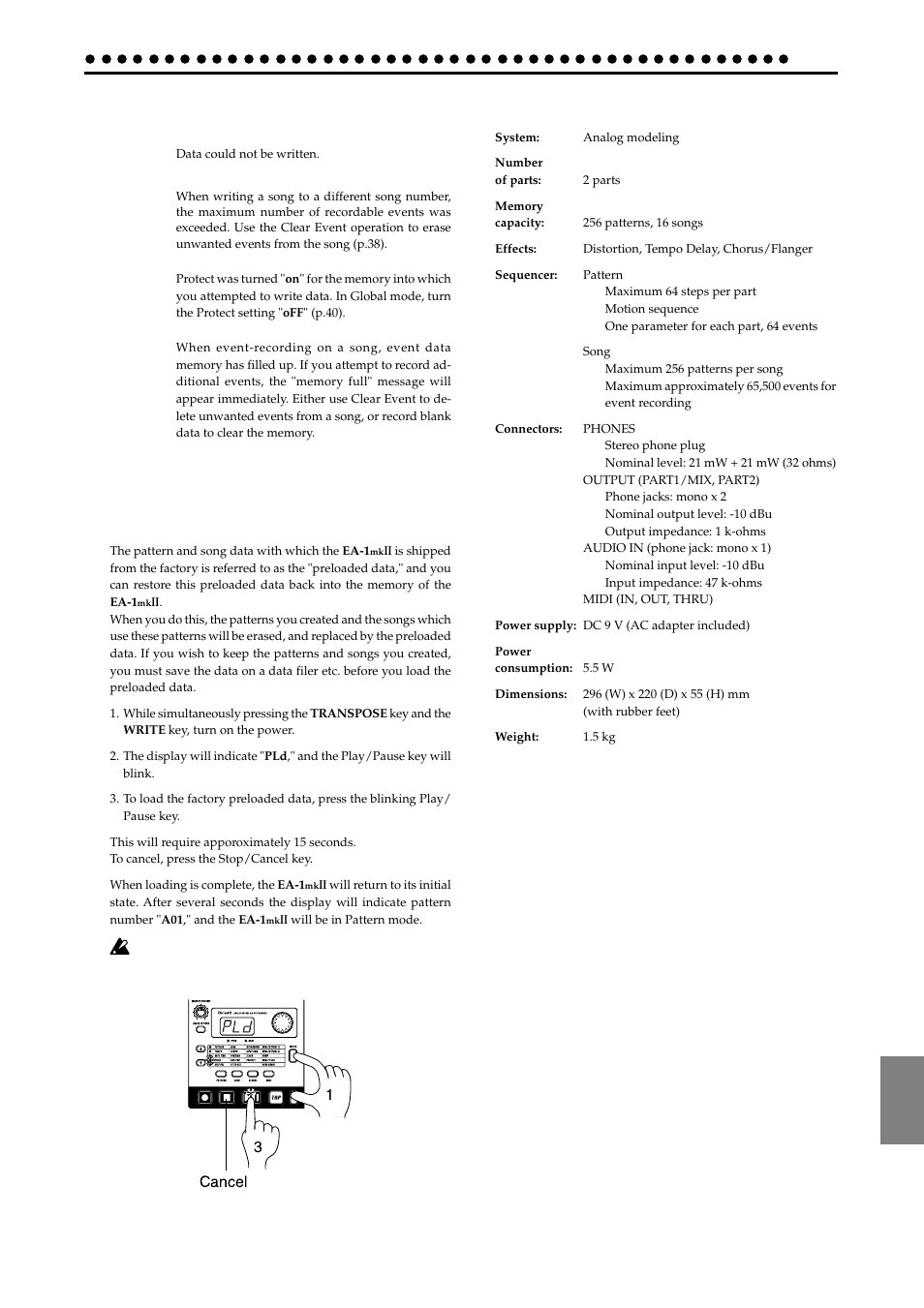 Error messages, Restoring the factory set data, Specifications | Er.1 er.2 er.9 full | KORG EA-1mkII User Manual | Page 45 / 52