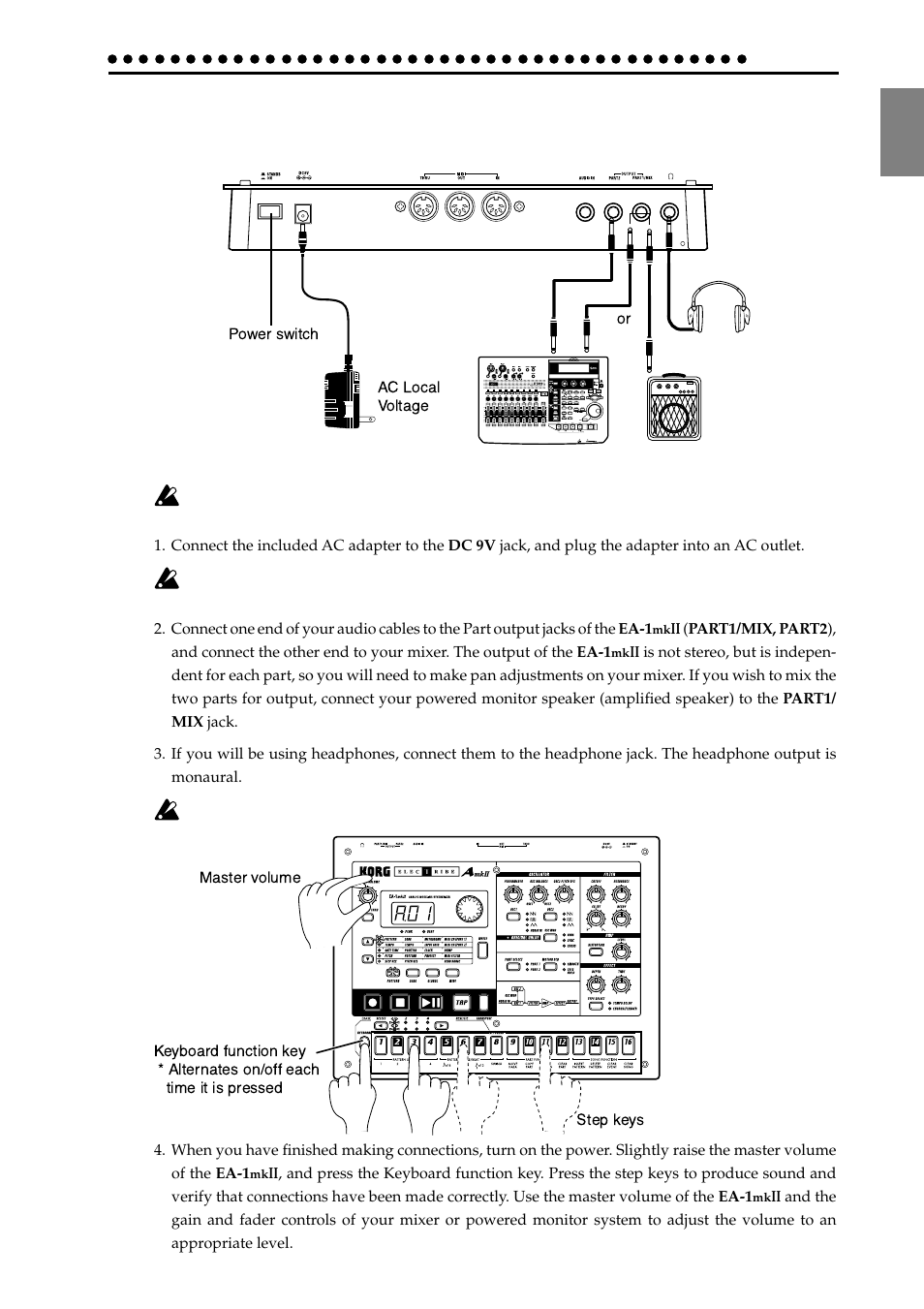 Make connections and play, Example connections, Preparing to play | Example connections preparing to play | KORG EA-1mkII User Manual | Page 7 / 52