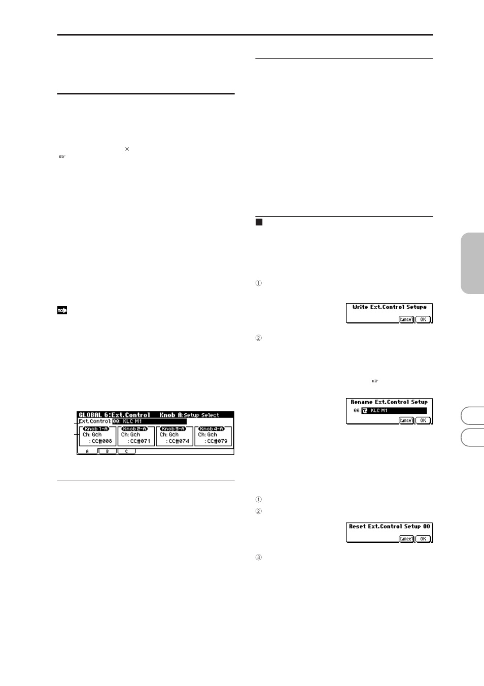 Microx: global 6: ext. control, 1: a (knob 1-a, 2-a, 3-a, 4-a), 2: b (knob 1-b, 2-b, 3-b, 4-b) | 3: c (knob 1-c, 2-c, 3-c, 4-c), Microx, Global 6: ext. control, 6–1: a (knob 1–a, 2–a, 3–a, 4–a), 6–2: b (knob 1–b, 2–b, 3–b, 4–b), 6–3: c (knob 1–c, 2–c, 3–c, 4–c), P.93) | KORG MICROX X50 User Manual | Page 100 / 194