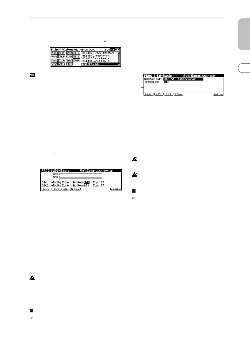 3: osc2, 4: v.zone (velocity zone), 5: audition | 1–3: osc2, 1–4: v.zone (velocity zone), 1–5: audition, 1–4: v.zone | KORG MICROX X50 User Manual | Page 16 / 194