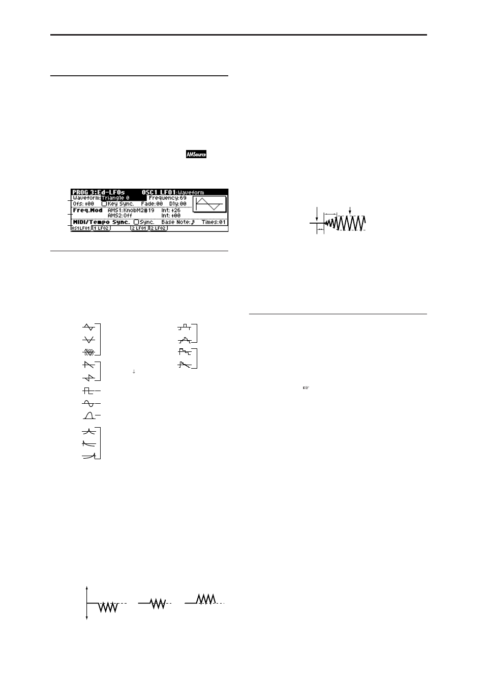 Prog 3: ed-lfos, 1: os1lfo1 (osc1 lfo1), Prog 3: ed–lfos | 3–1: os1lfo1 (osc1 lfo1), P.14), 3–1: os1lfo1, 3–1a: osc1 lfo1, 3–1b: freq.mod (frequency modulation), Osc1 lfo1), Waveform [triangle 0…random6 (vect.) | KORG MICROX X50 User Manual | Page 21 / 194