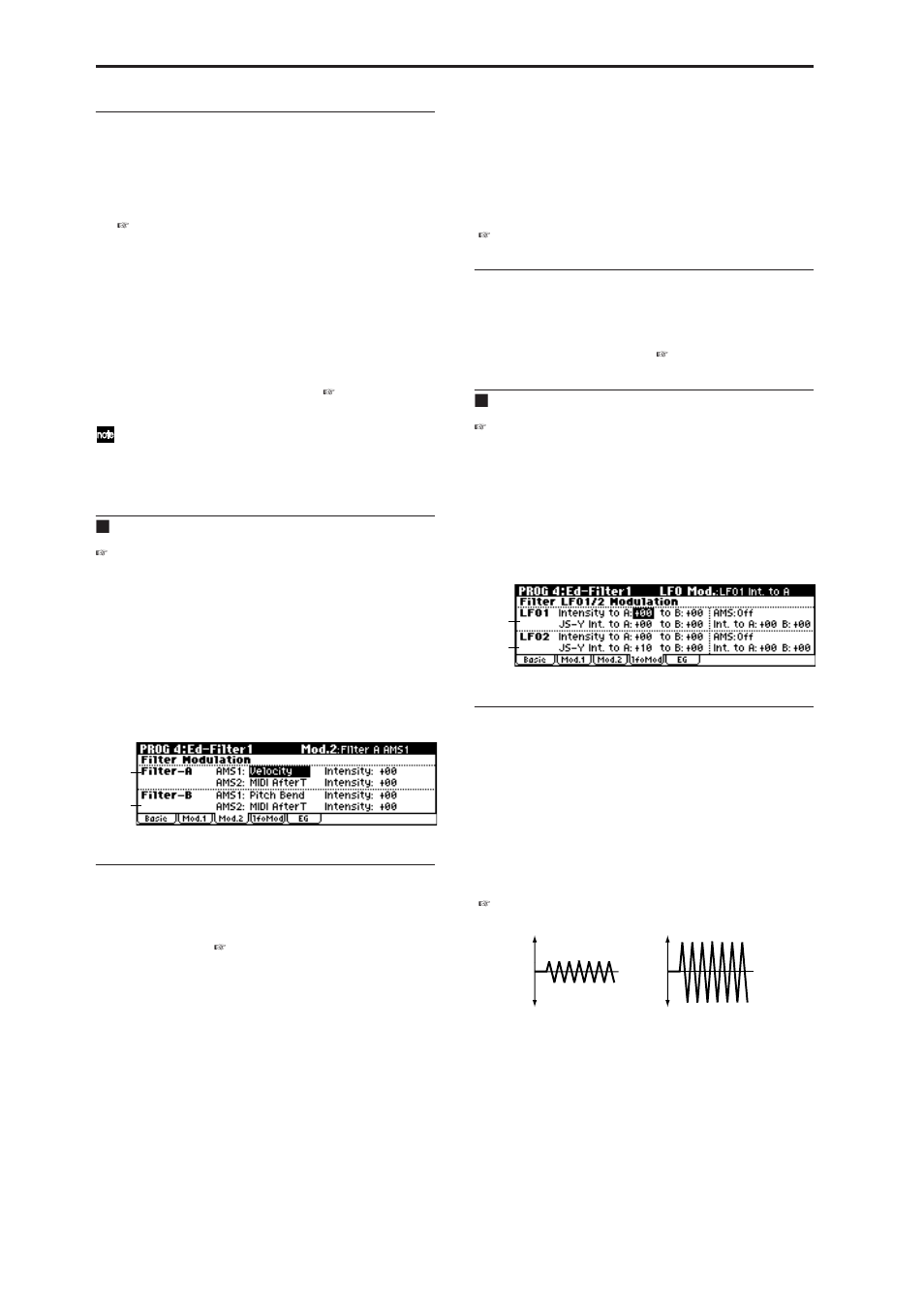 3: mod.2 (filter1 modulation2), 4: lfomod (lfo modulation), 4–3: mod.2 (filter1 modulation2) | 4–4: lfomod (lfo modulation), 4–3: mod.2, 4–4: lfomod, 4–2c: ams, into to a, int to b, 4–2: utility, 4–3a: filter-a modulation, 4–3b: filter-b modulation | KORG MICROX X50 User Manual | Page 25 / 194