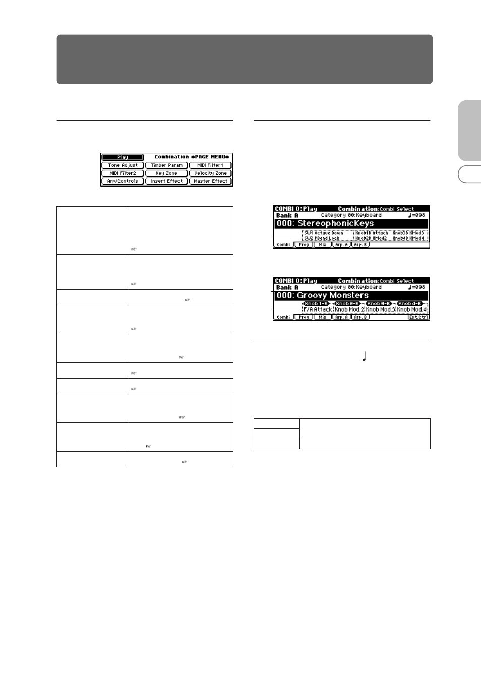 Combination mode, Combi 0: play, 1: combi (combination) | 0–1: combi (combination), Combi page menu, 0–1: combi, X50 microx | KORG MICROX X50 User Manual | Page 40 / 194