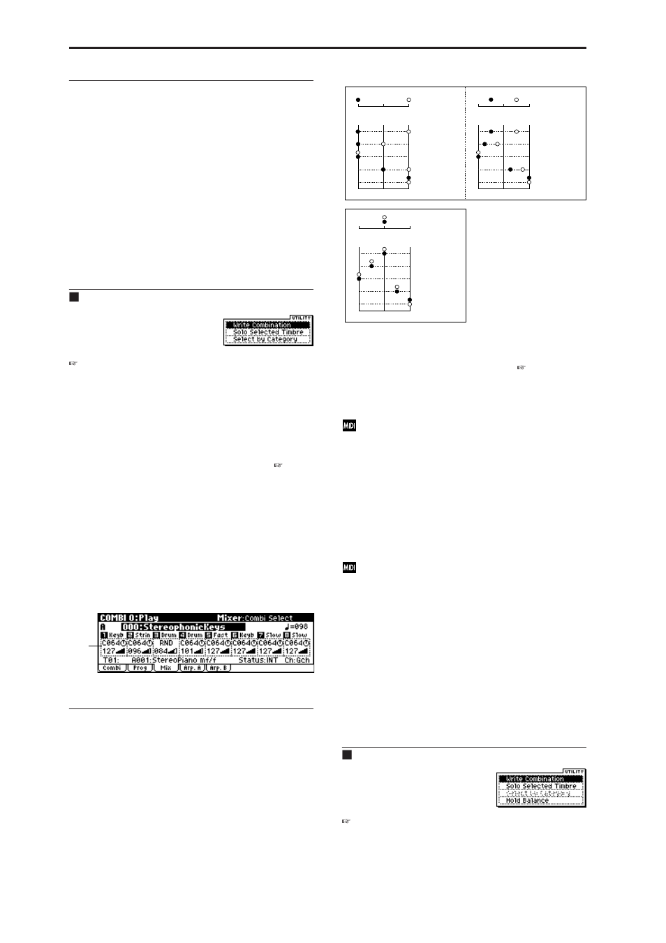 3: mix (mixer), 0–3: mix (mixer), 0–3: mix | 0–2d: selected timbre information, 0–2: utility, 0–3a: pan, volume, 0–3: utility, Timbre no.: bank no., prog no.: and name, Status (int, off, ext, ex2), Ch (01 , gch) | KORG MICROX X50 User Manual | Page 43 / 194