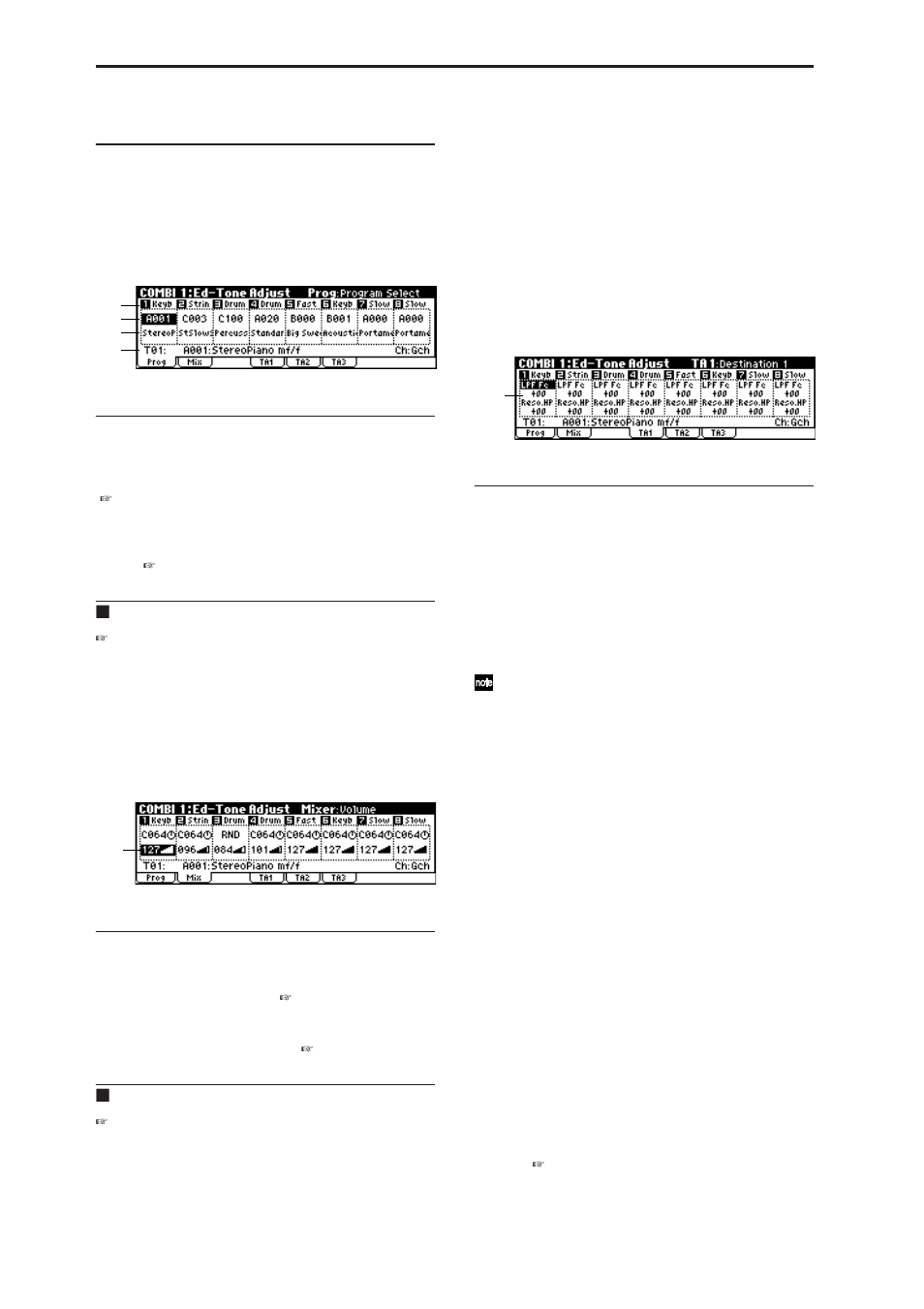 Combi 1: ed-tone adjust, 1: prog (timbre program), 2: mix (mixer) | 3: ta1 (tone adjust 1), 4: ta2 (tone adjust 2), 5: ta3 (tone adjust 3), Combi 1: ed–tone adjust, 1–1: prog (timbre program), 1–2: mix (mixer), 1–3: ta1 (tone adjust 1) | KORG MICROX X50 User Manual | Page 45 / 194