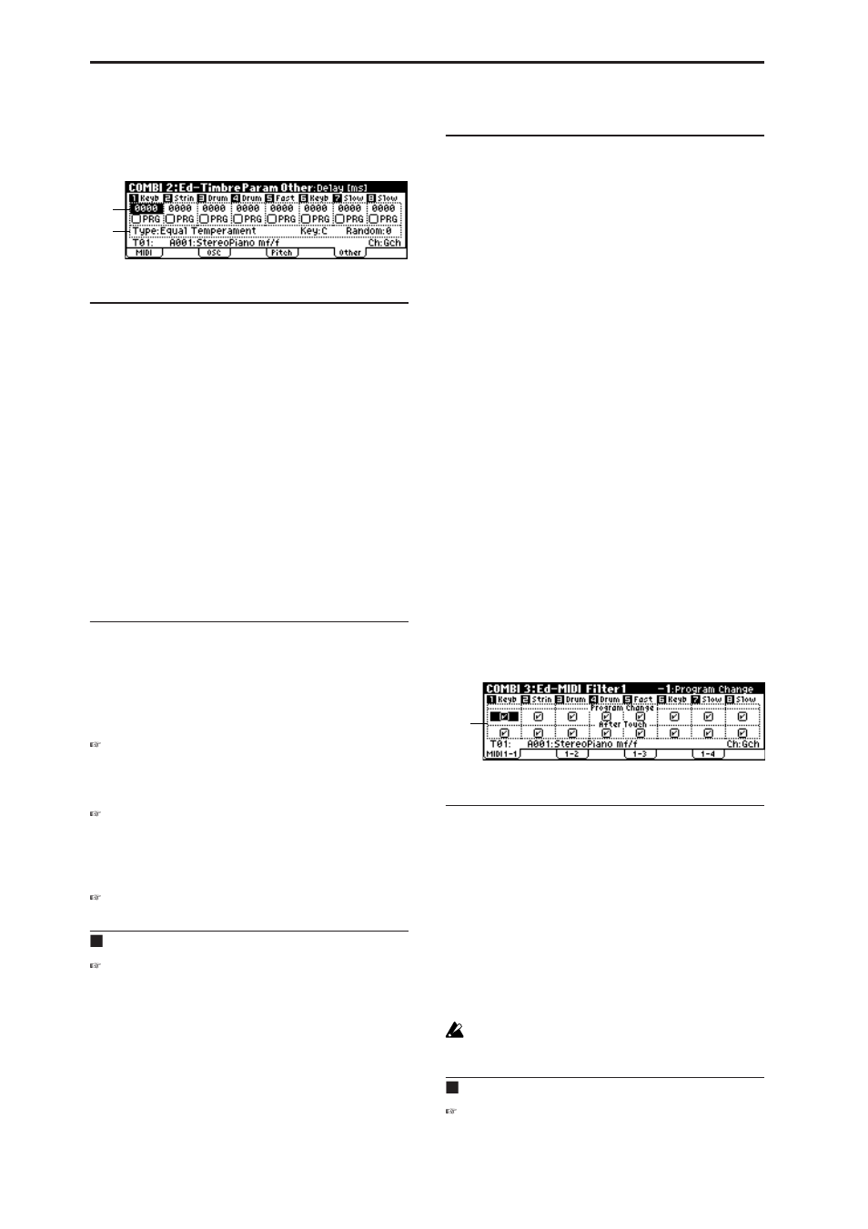 4: other, Combi 3: ed-midi filter1, 1: midi 1-1 (midi filter 1-1) | 2–4: other, Combi 3: ed–midi filter1, 3–1: midi 1–1 (midi filter 1–1), P.42), 3–1: midi 1–1, 2–4a: delay [ms], use prog’s scale, 2–4b: combi’s scale, key, random | KORG MICROX X50 User Manual | Page 49 / 194