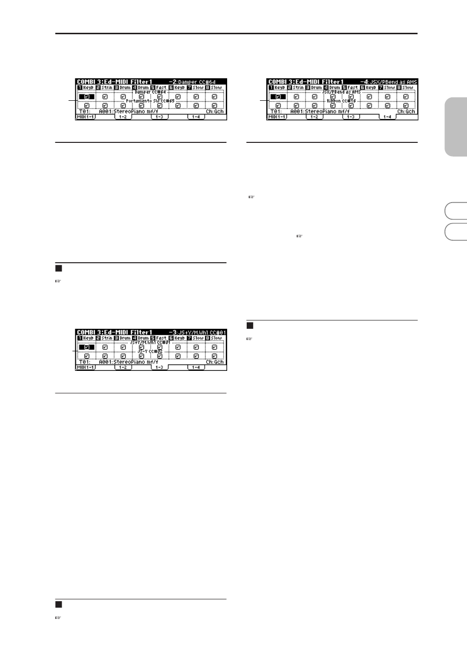 2: midi 1-2 (midi filter 1-2), 3: midi 1-3 (midi filter 1-3), 4: midi 1-4 (midi filter 1-4) | 3–2: midi 1–2 (midi filter 1–2), 3–3: midi 1–3 (midi filter 1–3), 3–4: midi 1–4 (midi filter 1–4), 3–2: midi 1–2, 3–3: midi 1–3, 3–4: midi 1–4 | KORG MICROX X50 User Manual | Page 50 / 194
