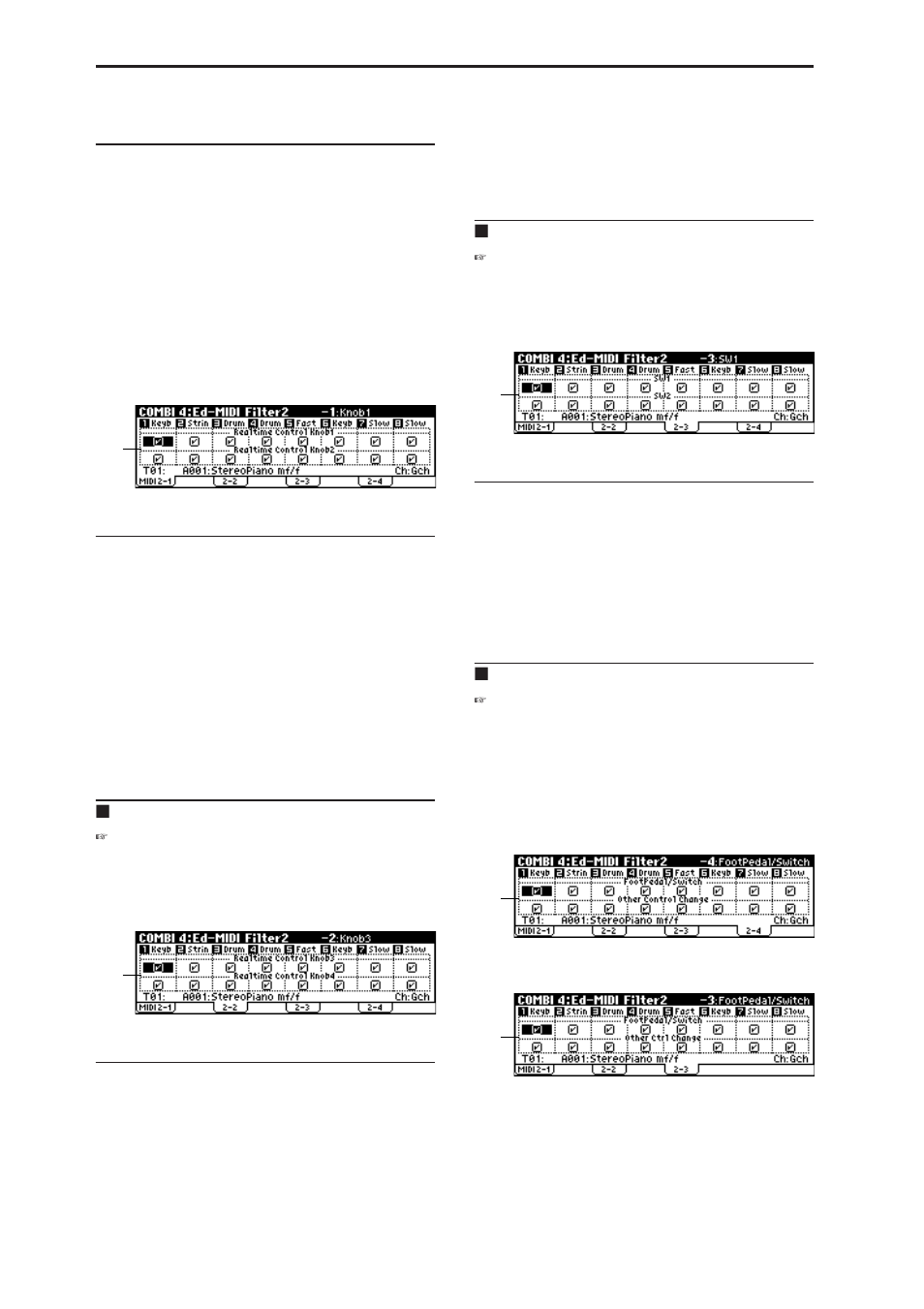 Combi 4: ed-midi filter2, 1: midi 2-1 (midi filter 2-1), 2: midi 2-2 (midi filter 2-2) | X50: 4-3: midi 2-3 (midi filter2-3), X50: 4-4: midi 2-4 (midi filter 2-4), Microx: 4-3: midi 2-3 (midi filter2-3), Combi 4: ed–midi filter2, 4–1: midi 2–1 (midi filter 2–1), 4–2: midi 2–2 (midi filter 2–2), 4–3: midi 2–3 (midi filter2–3) | KORG MICROX X50 User Manual | Page 51 / 194