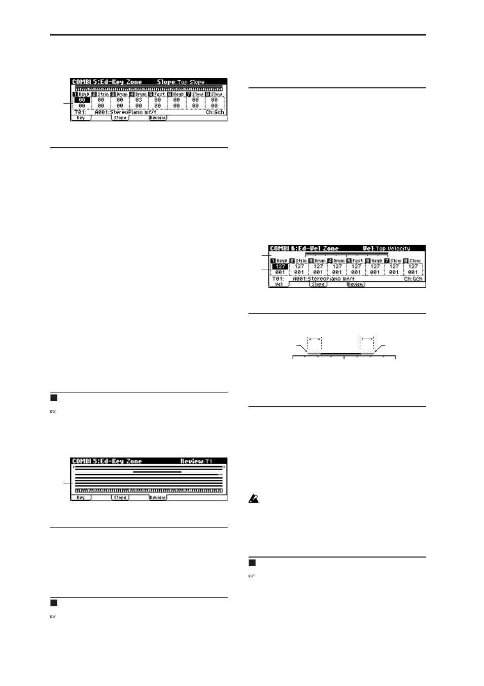 2: slope (key slope), 3: review, Combi 6: ed-vel zone (velocity zone) | 1: vel (velocity zone), 5–2: slope (key slope), 5–3: review, Combi 6: ed–vel zone (velocity zone), 6–1: vel (velocity zone), P.46), Combi 6: ed–vel zone | KORG MICROX X50 User Manual | Page 53 / 194