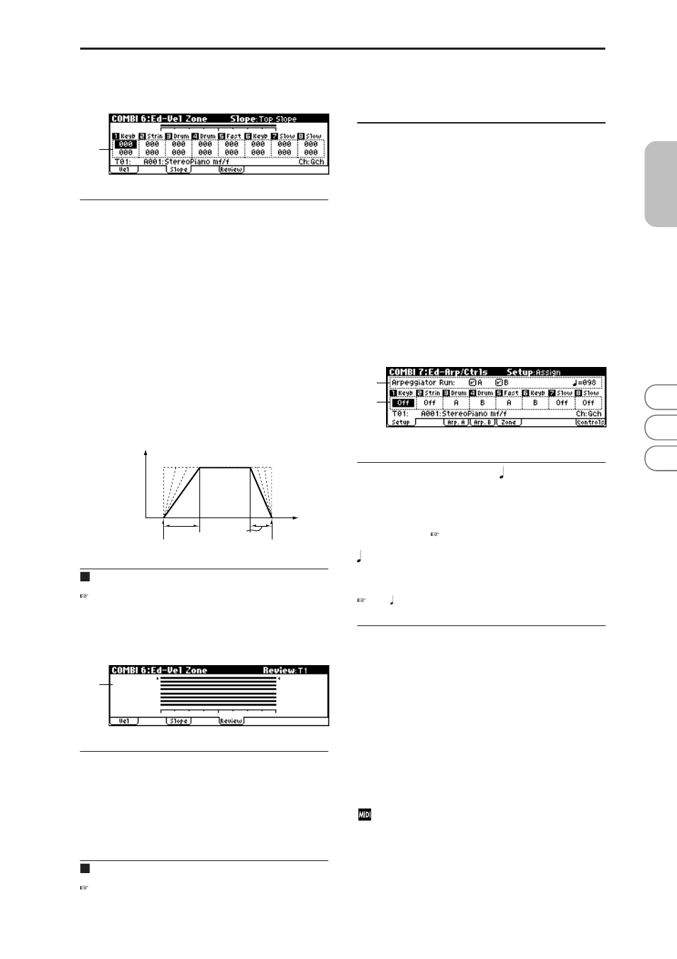 2: slope (velocity slope), 3: review, Combi 7: ed-arp/ctrls (arpeggiator/controls) | 1: setup, 6–2: slope (velocity slope), 6–3: review, Combi 7: ed–arp/ctrls (arpeggiator/ controls), 7–1: setup, P.47), Combi 7: ed–arp/ctrls | KORG MICROX X50 User Manual | Page 54 / 194