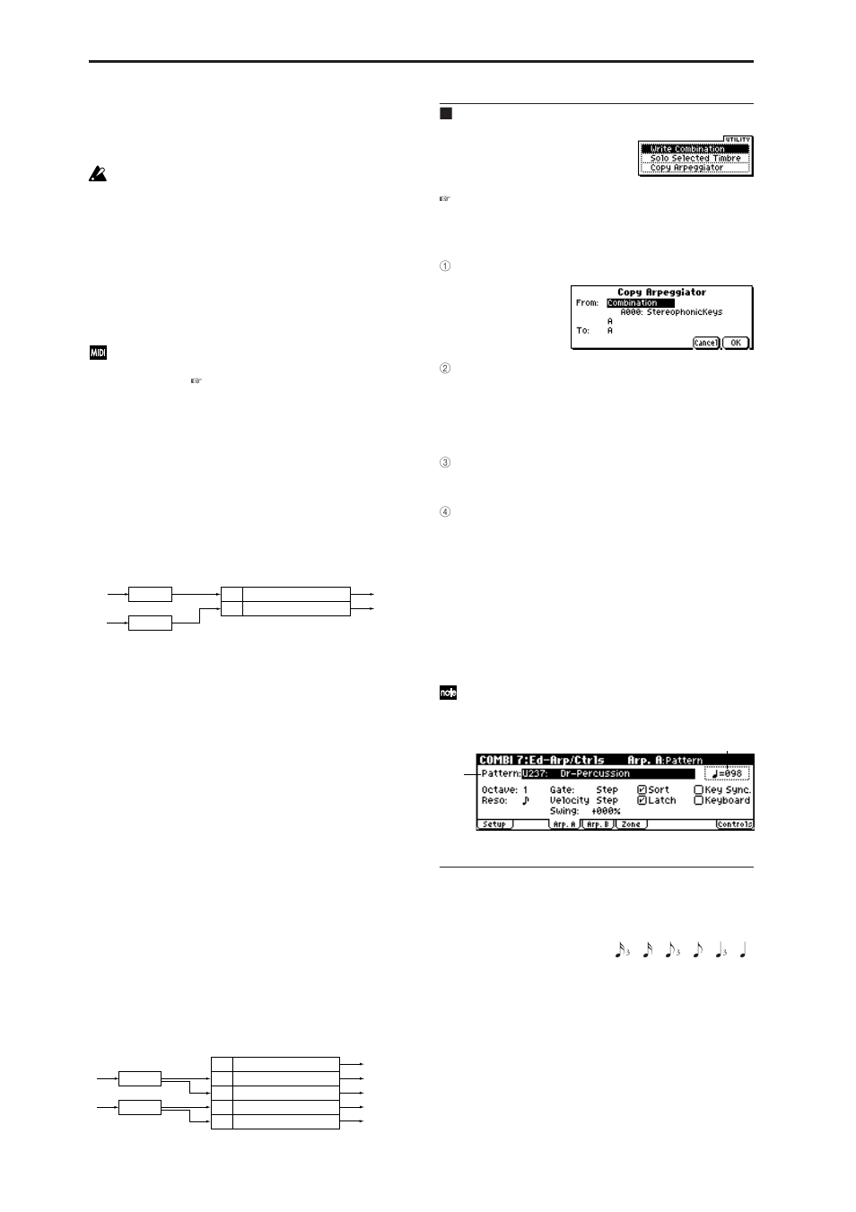 2: arp. a (arpeggiator a), 3: arp. b (arpeggiator b), 7–2: arp. a (arpeggiator a) | 7–3: arp. b (arpeggiator b), 7–2: arp. a, 7–3: arp. b, 7–1: utility, 7–2(3)a: arpeggiator-a(b) setup, Copy arpeggiator, Arpeggiator a) | KORG MICROX X50 User Manual | Page 55 / 194