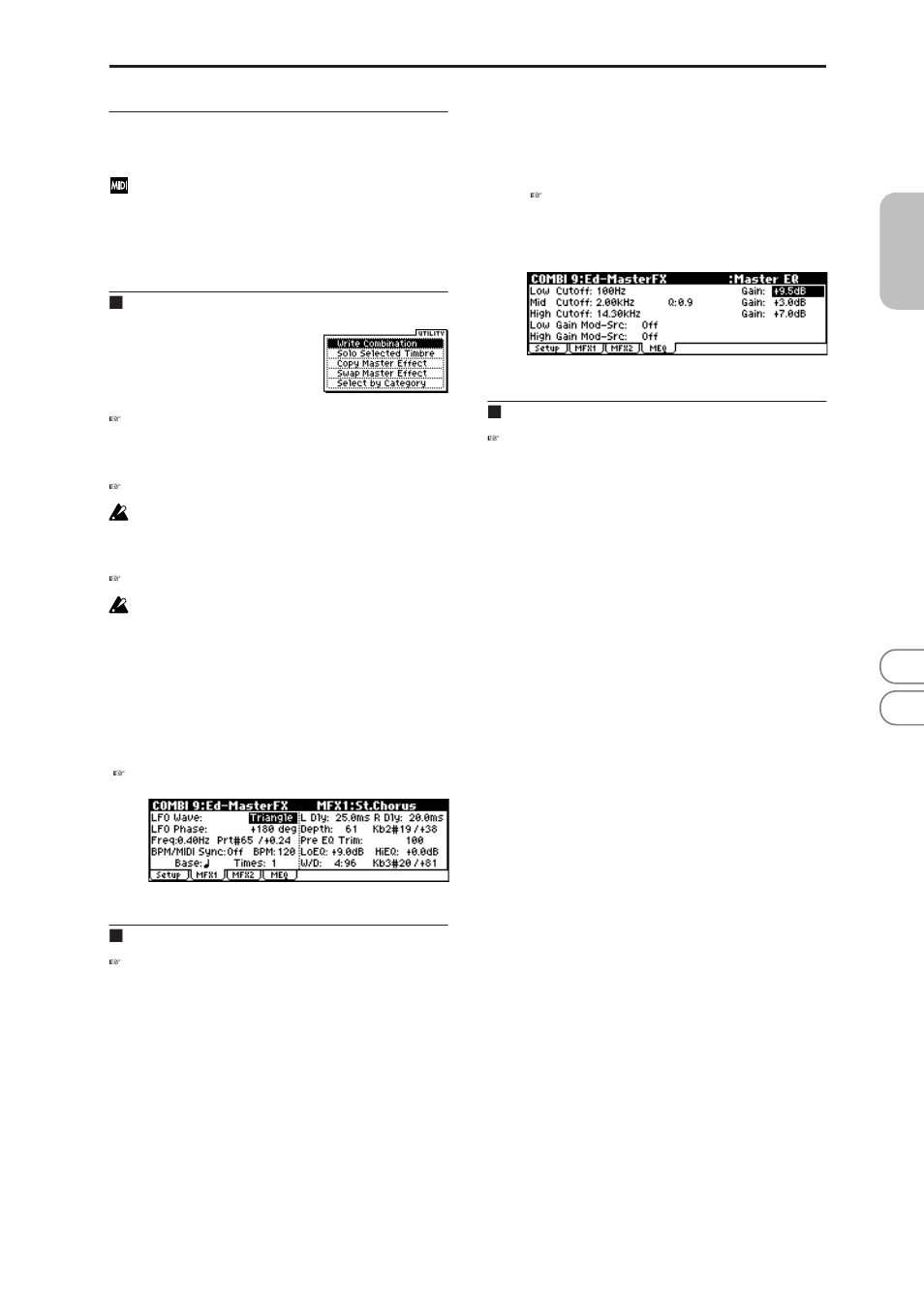 2: mfx1 (master effect1), 3: mfx2 (master effect2), 4: meq (master eq) | 9–2: mfx1 (master effect1), 9–3: mfx2 (master effect2), 9–4: meq (master eq), 9–2: mfx1, 9–3: mfx2, 9–4: meq | KORG MICROX X50 User Manual | Page 60 / 194