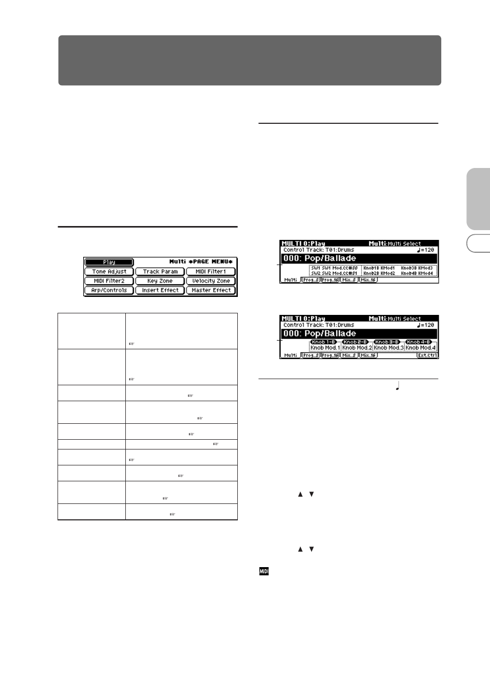 Multi mode, Multi 0: play, 1: multi | 0–1: multi, Multi page menu, X50 microx, Microx, 0–1a: multi select, control track, (tempo) | KORG MICROX X50 User Manual | Page 62 / 194