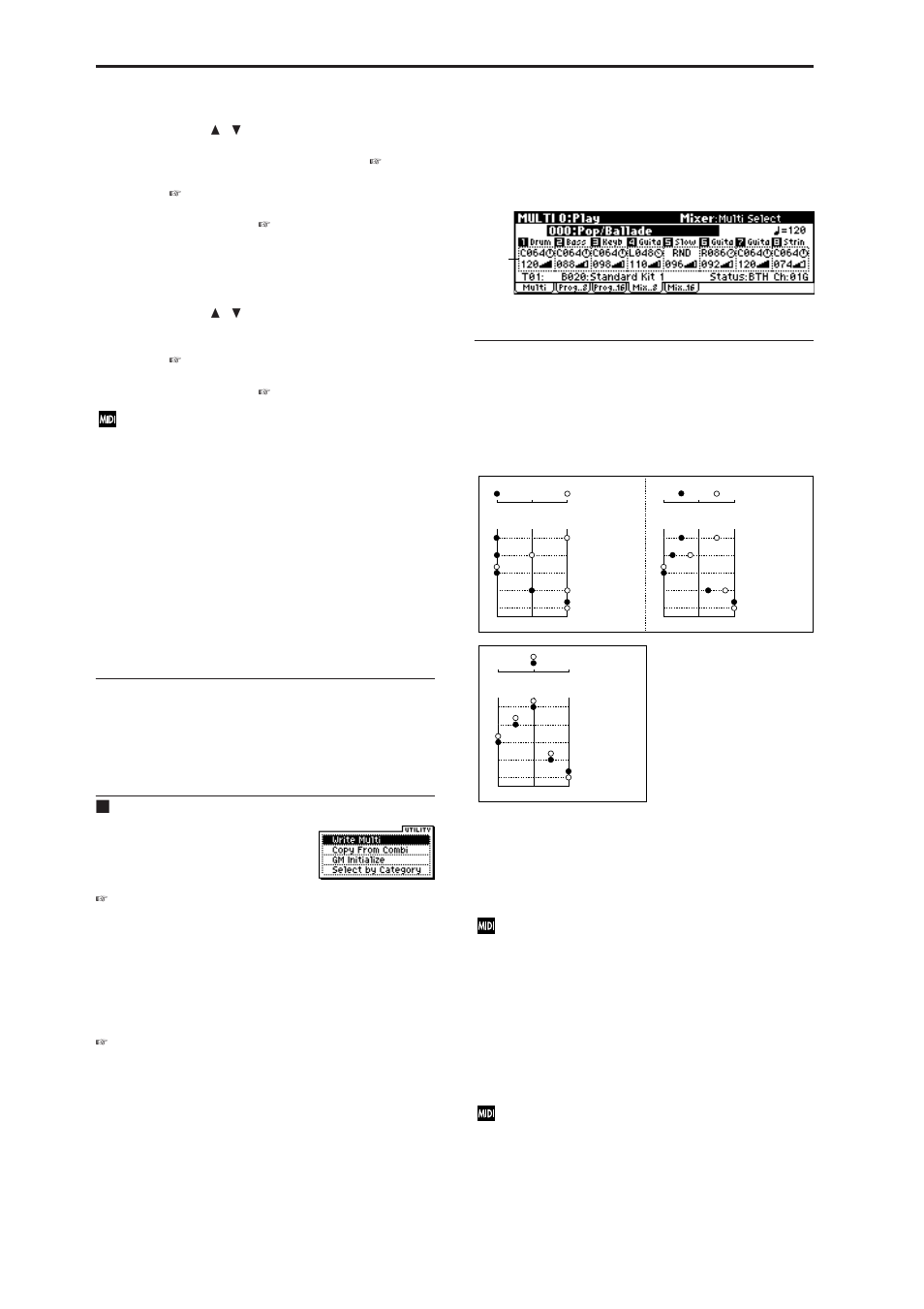 4: mix (mixer t01 ), 5: mix (mixer t09 ), 0–4: mix (mixer t01 ) | 0–5: mix (mixer t09 ), 0–4: mix, 0–5: mix, Microx, 0–2(3)c: selected track information, 0–2(3): utility, 0–4(5)a: pan, volume | KORG MICROX X50 User Manual | Page 65 / 194