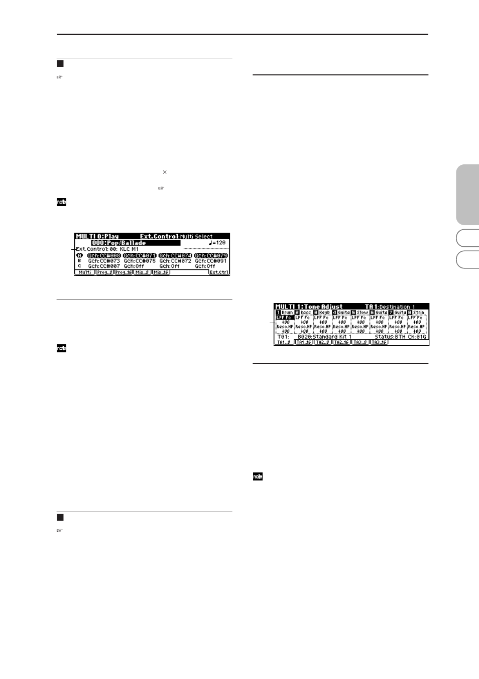 Microx: 0-6: ext. control, Multi 1: tone adjust, 1: ta1 (tone adjust1) | 2: ta1 (tone adjust1), 3: ta2 (tone adjust2), 4: ta2 (tone adjust2), 5: ta3 (tone adjust3), 6: ta3 (tone adjust3), Microx, 0–6: ext. control | KORG MICROX X50 User Manual | Page 66 / 194