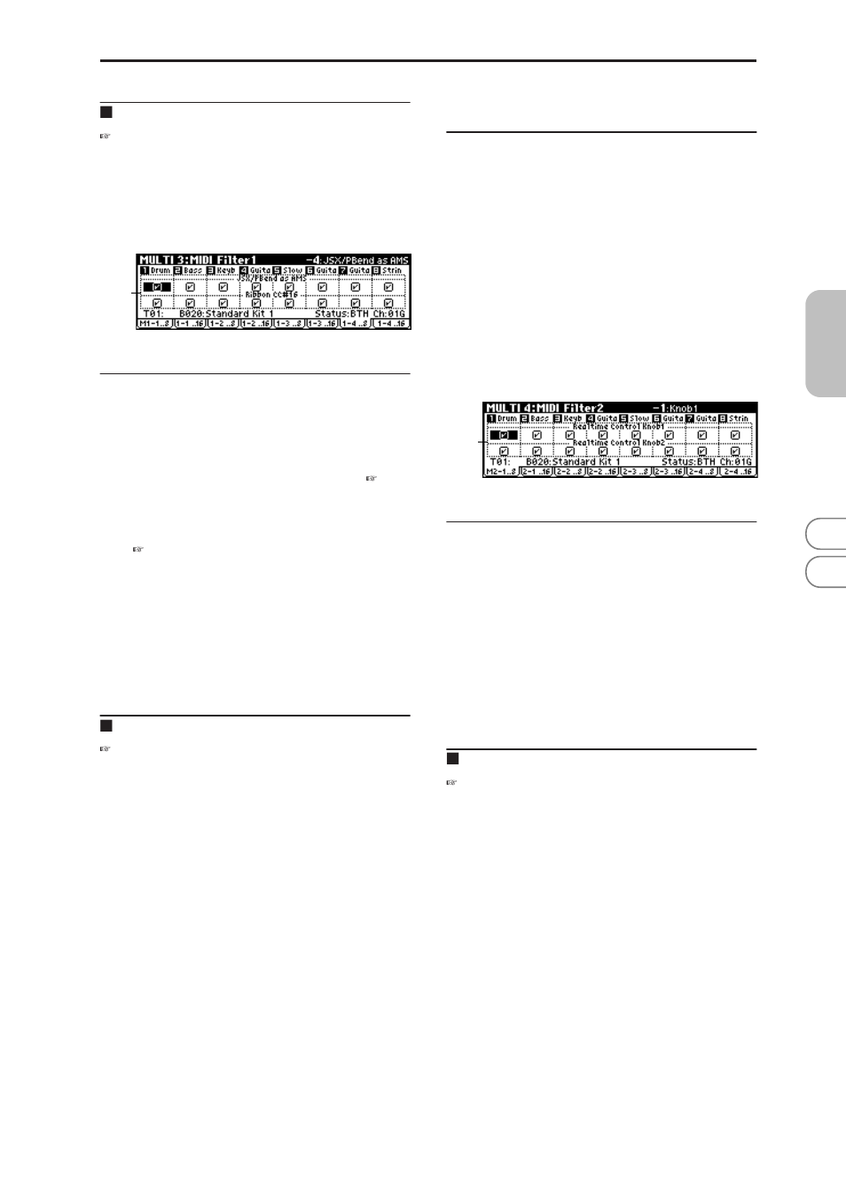 7: 1-4 (midi filter2-2 t01-08), 8: 1-4 (midi filter2-2 t09-16), Multi 4: midi filter2 | 1: m2-1 (midi filter2-1 t01-08), 2: 2-1 (midi filter2-1 t09-16), 3–7: 1–4 (midi filter2–2 t01–08), 3–8: 1–4 (midi filter2–2 t09–16), 4–1: m2–1 (midi filter2–1 t01–08), 4–2: 2–1 (midi filter2–1 t09–16), L change | KORG MICROX X50 User Manual | Page 72 / 194