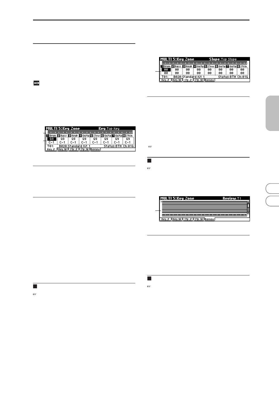 Multi 5: key zone, 1: key (key zone t01-08), 2: key (key zone t09-16) | 3: slp (key slope t01-08), 4: slp (key slope t09-16), 5: review, 5–1: key (key zone t01–08), 5–2: key (key zone t09–16), 5–3: slp (key slope t01–08), 5–4: slp (key slope t09–16) | KORG MICROX X50 User Manual | Page 74 / 194